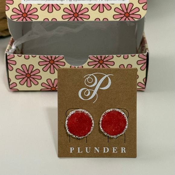 New Plunder "Blake" Red Druzy Stud Earrings (.75") - Picture 1 of 4